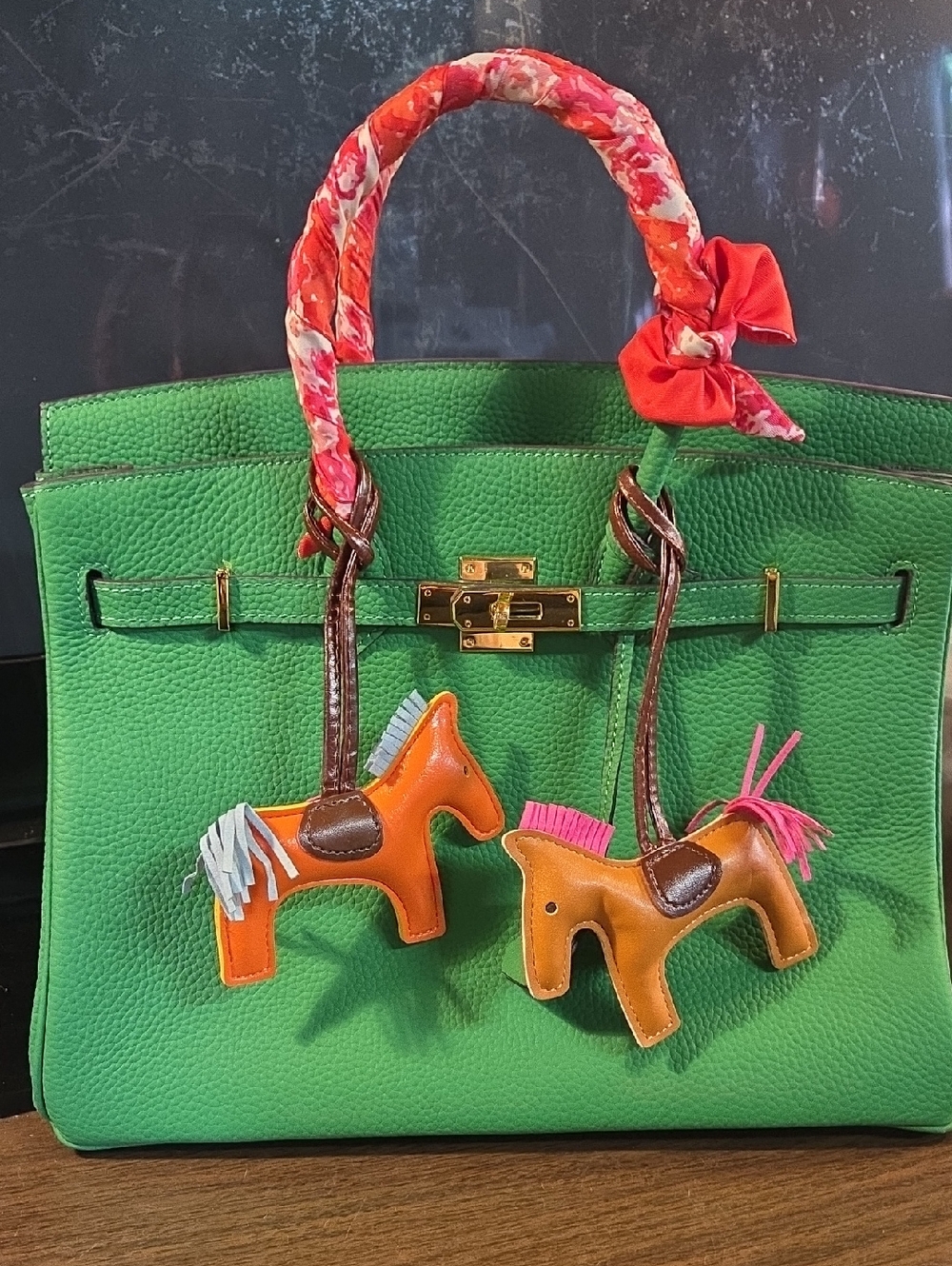 Green Structured Tote Bag with Horse Charms